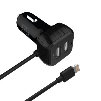 Mini High Power Dual Port USB Car Charger w/ 8-Pin Lightning Cable for iPad / iPhone - Säkra 6.6A 33W [ BLACK ] - MFi Apple Certified w/ Premium Construction - Optimizes Charge & Prevents Overheating