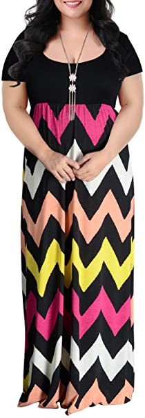 Nemidor Women's Chevron Print Summer Short Sleeve Plus Size Casual Maxi Dress