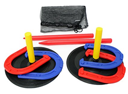 Indoor Outdoor Horseshoes Game Set - Backyard Games Horseshoeing Kit Throwing Toy Horse Shoe Throw Toss for Kids Children Adults Family Parties - Yard Lawn Garden with Travel Bag by Perfect Life Ideas