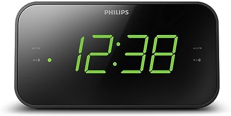 Philips Wake-Up Alarm Clock with Radio, Radio with Display for Bedside, Digital Radio with Dual Alarm, Sleep Timer & Snooze Function, Portable with Battery Back-up, Black with large Display