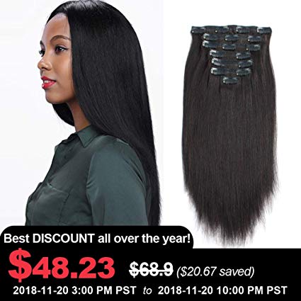 AmazingBeauty Real Remy Thick Natural Yaki Clip On Hair Extensions Black for African American Relax Hair 7 Pieces 120 Gram Per Set, 16 Inch