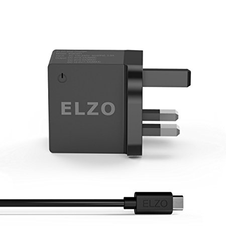 Elzo Quick Charge 2.0 18W USB Wall Charger Adapter Fast Rapid Portable Charger With A 3.3ft Quick Charge Micro USB Cable For Samsung Galaxy/Note, LG Flex2/V10/G4, Nexus 6, Motorola Droid/X, Sony Xperia, HTC, ASUS, Black