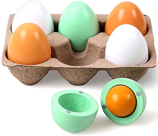 StillCool Wooden Toys for 3 Year Old, Pretend Play Food Set for Kids Play Kitchen, 6 Cuttable Toy Eggs Idea for Boy Girl Easter Birthday Gift