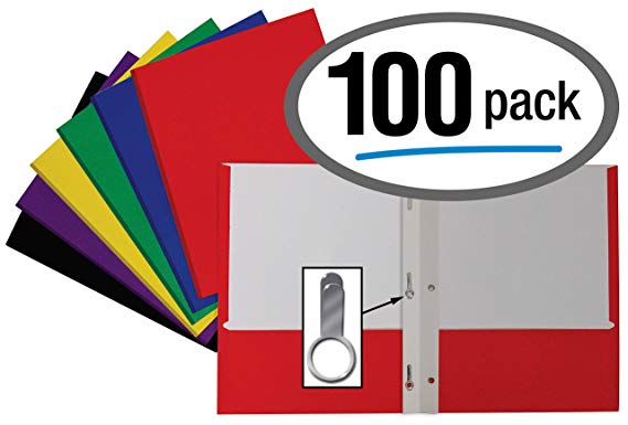 Letter Size Paper Portfolios by Better Office Products, Case of 100, Assorted Primary Colors, with Fasteners (Assorted, 2 Pocket Paper Folders with Fasteners)