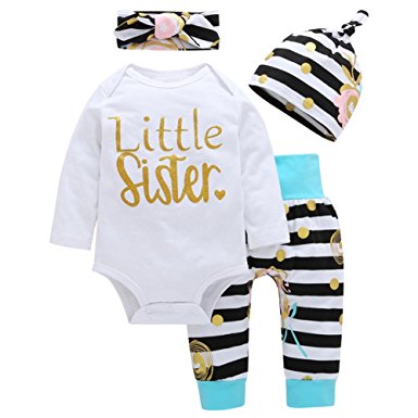 OUTGLE Newborn Baby Girl Toddler White Romper   Stripe Trousers   Hat   Headband Autumn Winter Outfits