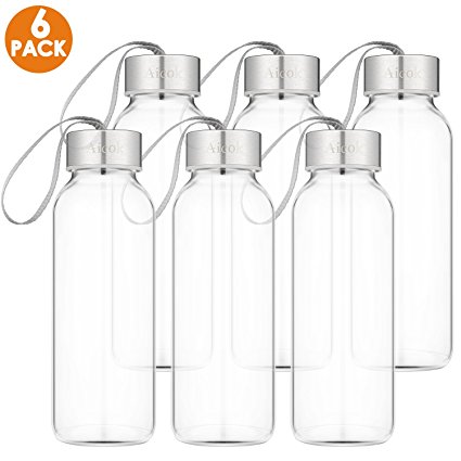 Aicok Glass Bottle, Glass Water Bottle for Juice, Beverage, Smoothie, 12 OZ Juice Bottle for Kids, 6 Pack Stainless Steel Caps with Carrying Loop