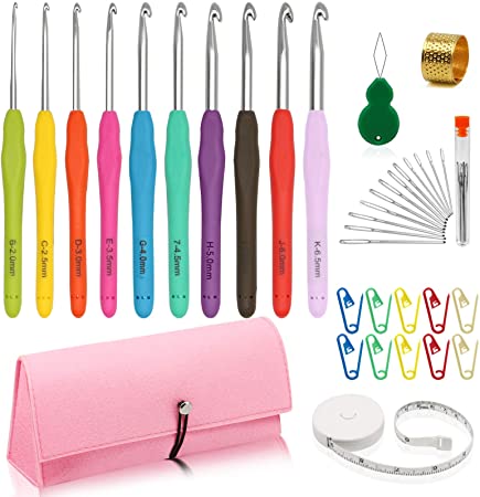 TANTAI_CARE Crochet Hooks Set (2020 New),Yarn Knitting Soft Crochet Hooks Sewing Tools Sits with Cute Case.with Large-Eye Blunt Needles,Needle Threader,Mark Pin,Sewing Thimbles,Tape Measure