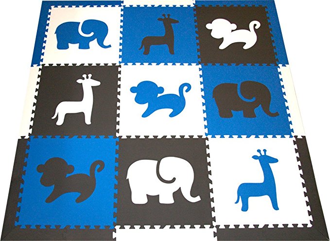 SoftTiles Kids Foam Playmat - Designer Safari Animals- Large 2' Playroom/Nursery Floor Tiles w/Sloped Edges (Blue, Black, White)(6.5' x 6.5') SCSAFBBW