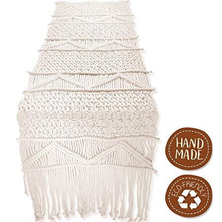 SnugLife Macrame Table Runner (86" x 13") Long | Boho Table Runner | Wedding Table Decor | Vintage Farmhouse and Bohemian Dining Room Style | Off White