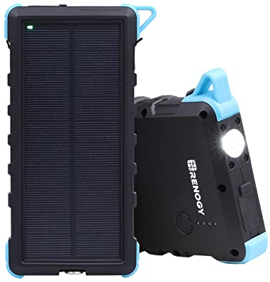 Renogy Solar Phone Charger Portable Power Bank 15000mAh, IP66 Water-Resistant 2 USB Output Ports 5V/3.4A External Battery LED Flashlight SOS Warning Lamp for iPhone, iPad, Samsung Tablet Camera GPS Camping Outdoors and Emergency