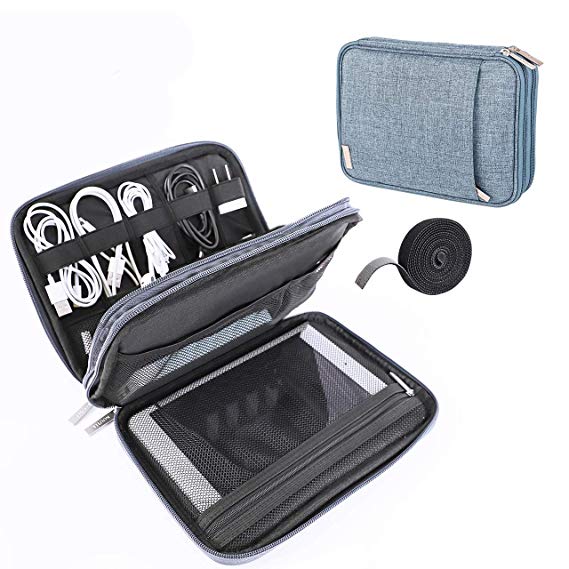 Kootek 2 Layer Electronics Organizer with 59 Inch Cable Tie, Universal Electronic Accessories Travel Case Storage Bag with for Mini iPad up to 7.9'', Phone USB Cables Cords Charger Kindle Power Bank