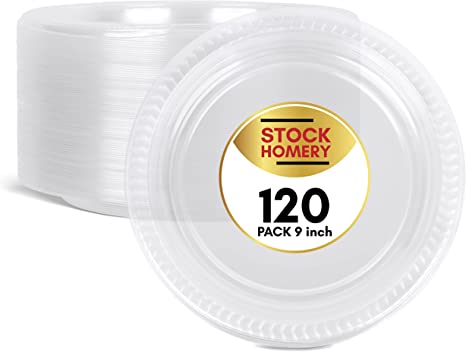 9 Inch Clear Plastic Plates in Bulk 120 Pack - Disposable Plates By StockHomery -Microwavable Recyclable, Leak Proof Household Essentials for Party, Travel and Any Events
