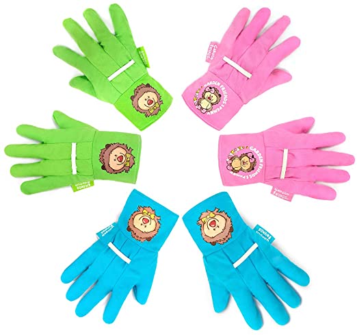 Hortem 3Pairs Colorful Kids Garden Gloves Suit for Age 5-7 Children, Soft Cotton Gardening or Working Gloves