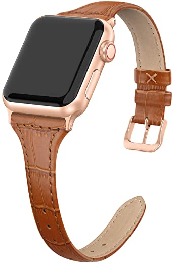 SWEES Leather Band Compatible for iWatch 38mm 40mm, Slim Thin Dressy Elegant Genuine Leather Strap Compatible iWatch Series 6 5 4 3 2 1 SE Sport Edition Women, Brown