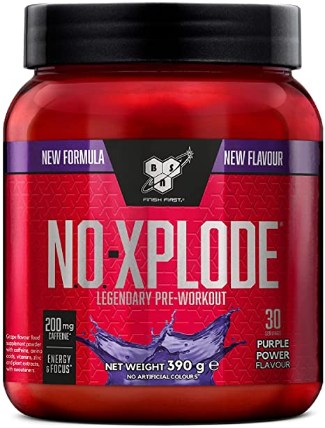 BSN N.O.-Xplode Pre-workout Powder, Food Supplement with Caffeine, Amino Acids, Vitamin C and Zinc, Purple Power, 30 Servings, 390 g, Grape Flavour, Packaging May Vary