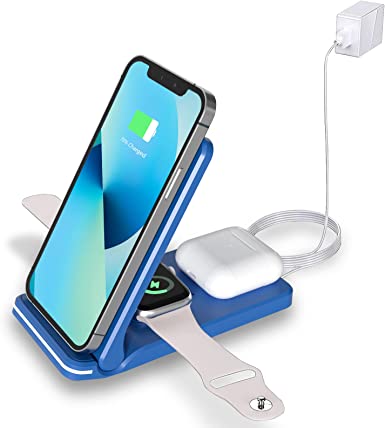 Wireless Charging Station, Foldable 3 in 1 Fast Wireless Charger Stand for iPhone 13/12/11 Series Pro/Pro Max/Xs Max/XS/XR/X/8 Plus, iWatch 7/SE/6/5/4/3/2, AirPods Pro/3/2 with 18W Adapter(Blue)