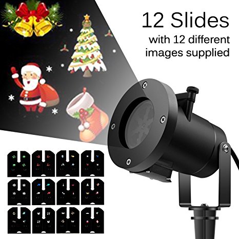 Lynec Outdoor IP65 Waterproof Motion LED Christmas Projector Light w/ 12pcs Replaceable Pattern Film for Halloween,Christmas,Holiday,Party,Landscape and Garden Decoration ( 16.4 ft Wire Cable ) …