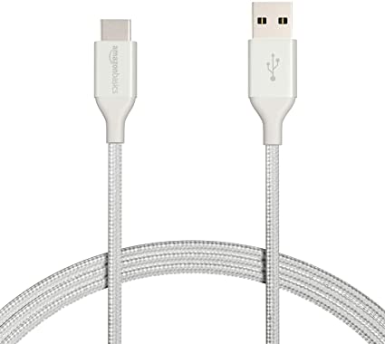 AmazonBasics Double Braided Nylon USB Type-C to Type-A 2.0 Male Charger Cable | 6 feet, Silver