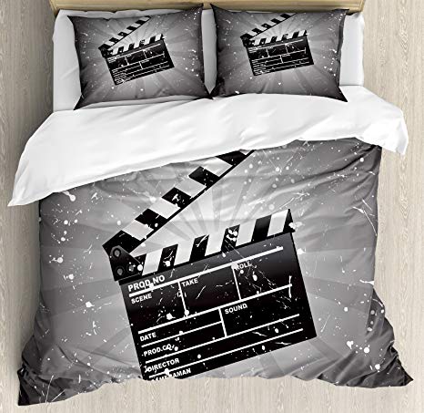 Ambesonne Movie Theater Queen Size Duvet Cover Set, Clapper Board on Retro Backdrop with Grunge Effect Director Cut Scene, Decorative 3 Piece Bedding Set with 2 Pillow Shams, Grey Black White