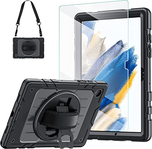 New Samsung Galaxy Tab A8 Case 10.5 Inch 2022 SM-X200/X205/X207 with Tempered Glass Screen Protector Shoulder Strap, Blosomeet Shockproof Business Case for Galaxy Tab A8 w/ Stand Hand Strap, Black