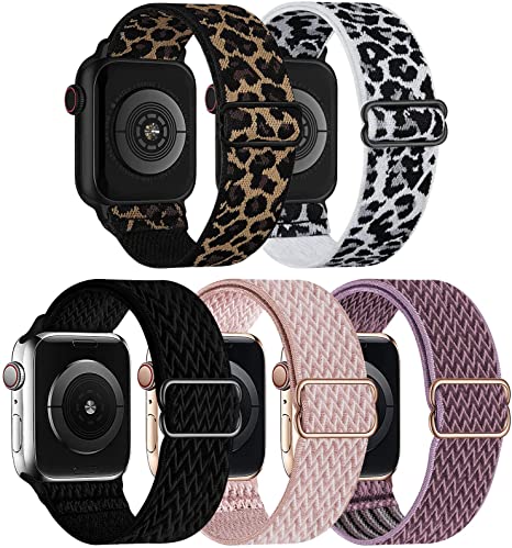 GBPOOT 5 Packs Nylon Stretch Band Compatible with Apple Watch,Adjustable Soft Sport Breathable Loop for Iwatch Series 7/6/5/4/3/2/1/SE,Black/SmokeyPurple/Rosepink/WhiteLeopard/BlackLeopard,42/44/45mm