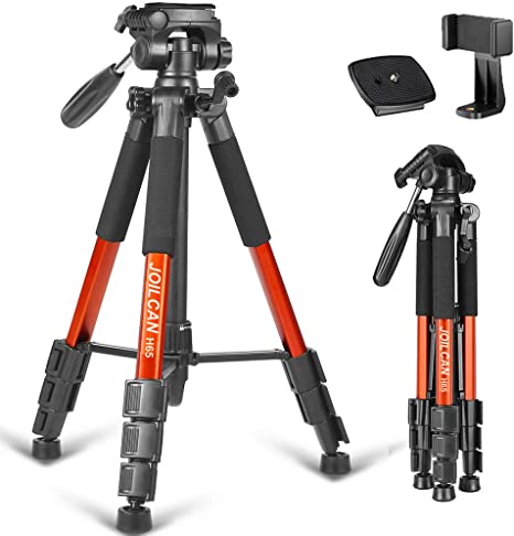 Joilcan 66” Lightweight Camera/Phone Tripod, Aluminum Travel Portable SLR Camera Tripod with Mobile Phone Mount and 2 Quick Release Plate &Carrying Case (Orange)
