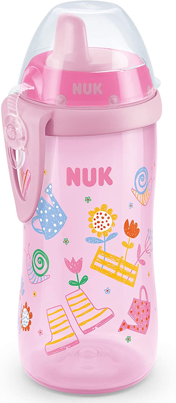 NUK First Choice  Kiddy Cup Toddler Cup | 12 Months  | Leak-Proof Toughened Spout | Clip & Protective Cap | BPA-Free | 300 ml | Pink Garden