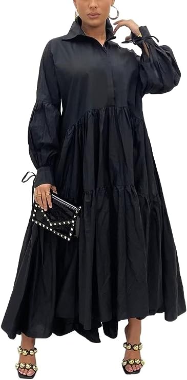 Women's Long Sleeve Maxi Shirt Dress Elegant Button Down Loose Swing Party Dress