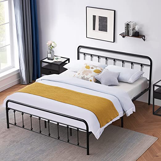 VECELO Metal Bed Frame Queen Size Platform with Vintage Style Headboard & Footboard, Premium Steel Slat Support Mattress Foundation