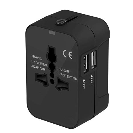 Travel Adapter, Upgraded Worldwide Travel Plug Adapter All in One Universal Plug Power Converter AC Adapter Wall Charger Dual USB Charging Ports USA EU UK AUS Cell Phone Laptop (Black)