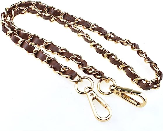 HAHIYO Metal Plus Synthetic Leather Purse Chain Strap Length 31.5 Inches Brown Gold for Shoulder Cross Body Sling Purse Handbag Clutch Replacement Comfortable 0.47 Inches Wide 5mm Extra Thick 1 Pack