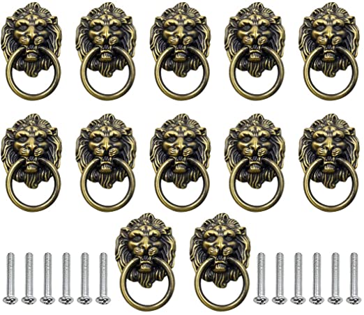 ZXHAO 12 Pack Cabinet Knobs Pulls Lion Head Ring Pulls Handle for Drawer Dresser Wardrobe Kitchen Cupboard, L 2.6" x W 1.6"