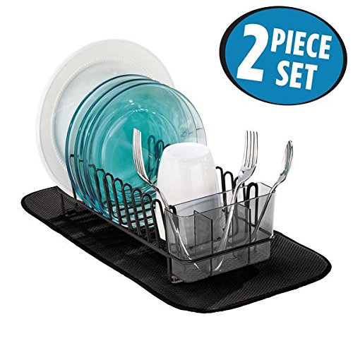 mDesign Kitchen Accessory Set, Compact Dish Drainer, Mini Dish Drying Mat - Set of 2, Black/Smoke