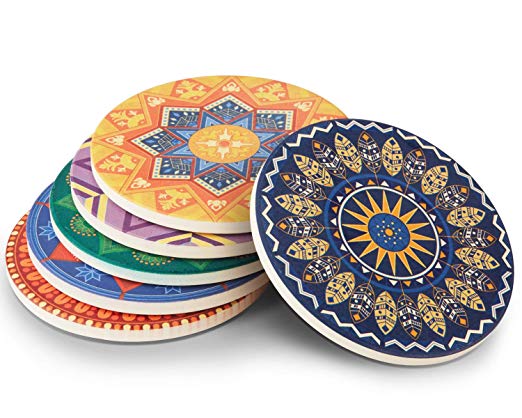 Lifver 6-Piece Absorbent Stone Coaster Set,"Drink" Spills Coasters, Mandala Style