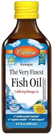Carlson - The Very Finest Fish Oil, 1600 mg Omega-3s, Liquid Fish Oil Supplement, Norwegian Fish Oil, Wild-Caught, Non GMO, Sustainably Sourced Fish Oil Liquid, Lemon Flavoured, 200ml