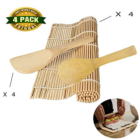 Bamboo Sushi Maker, Bamboo Sushi Rolling Kit Mat With Rice Paddle for Lover, 4 x Rolling Mats, 4 x Rice Paddle, 8 PCS