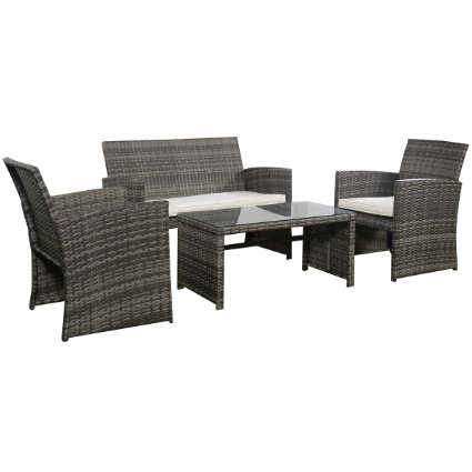 Goplus 4 PC Rattan Patio Furniture Set Garden Lawn Sofa Cushioned Seat Mix Gray Wicker Sofa