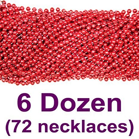 33 inch 07mm Round Metallic Red Mardi Gras Beads - 6 Dozen (72 necklaces)