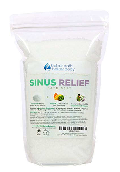 Sinus Relief Bath Salt 2-Lbs (32 Ounces) - Epsom Salt Bath Soak With Cypress Essential Oils & Vitamin C - All Natural Ingredients No Perfumes No Dyes - Helps Relieve Sinus Head Cold Symptoms