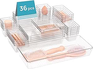Vtopmart 36 PCS Clear Plastic Drawer Organizers Set, 7-Size Bathroom and Vanity Drawer Organizer Trays, Acrylic Storage Bins for Makeup, Kitchen Utensils, Gadgets, Large Size Office Desk Organizers