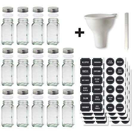 Glass Spice Jars Set of 14 Jars and 60 Chalkboard Labels with Stainless Steel Lids