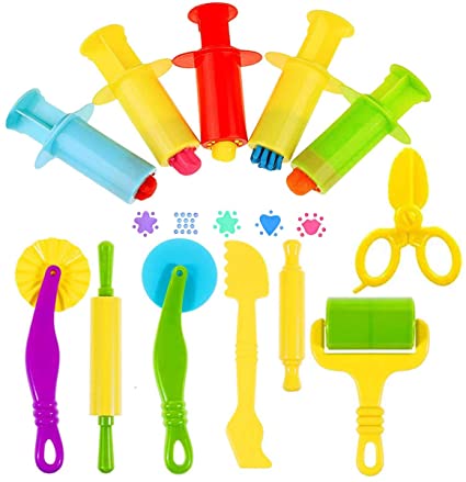 Oun Nana Play Dough Tools Kit with Dough Extruders, Dough Scissors, Playdough Rollers and Cutters, 12 pcs Plastic Playdough Tools for Kids(Random Color)