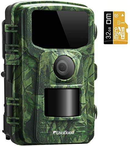 Usogood Trail Camera with 32GB SD Card 1080P Game Camera with Night Vision Motion Activated Waterproof 2.4” LCD Screen for Outdoor Wildlife Monitoring, Garden, Home Security Surveillance