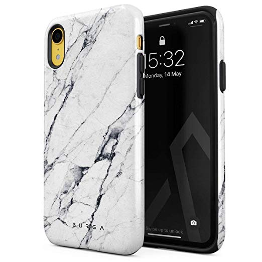 BURGA Phone Case Compatible with iPhone XR Satin White Marble Cute for Girls Heavy Duty Shockproof Dual Layer Hard Shell   Silicone Protective Cover