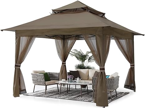 ABCCANOPY 13'x13' Gazebo Tent Outdoor Pop up Gazebo Canopy Shelter with Netting,Brown