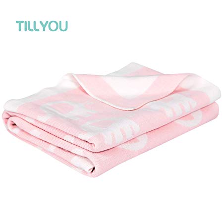 TILLYOU Egyptian Cotton Knit Baby Blanket Toddler Summer Quilt for Boys Girls Breathable Ultra Soft Hypoallergenic Lightweight Daycare Travel Blanket Small, Pink Elephants, 30x40