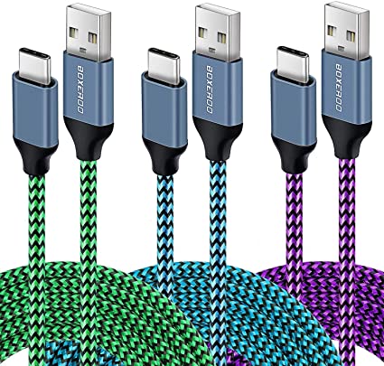 USB Type C Cable 3A Fast Charging [3-Pack 10ft], Boxeroo USB-A to USB-C Charge Braided Cord Compatible with Galaxy S20 S10 S9 S8 S20 Plus A51 A11,Note 10 9 8, PS5(Green, Blue, Purple)