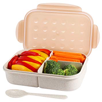 Bento Box for Kids & Adults, Leakproof Meal Prep Containers Lunch Box, Reusable 3-Compartment Wheat Fiber Divided Food Storage Container Box