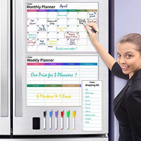 Magnetic Dry Erase Calendar for Fridge, Ohuhu 3 Sets Magnetic Calendars Whiteboard, 17x12" Monthly Calendars, 17x12" Weekly Organizer & 5x12" Daily Notepad with 6 Markers and a Eraser for Kitchen Refrigerator