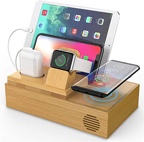 SG Bamboo Wireless Charging Station for Multiple Devices - Magnetic Charger with 4 Ports USB Charger, Smart Watch & AirPods Stand, 3 Charging Cables, Desktop Wooden Organizer for Docking